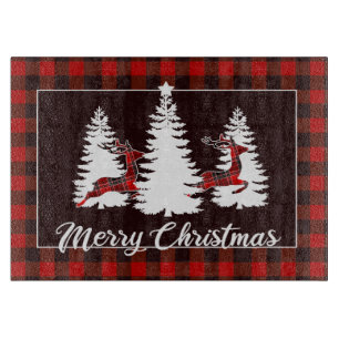 Plaid Reindeer and Pine Trees Christmas Scene Cutting Board