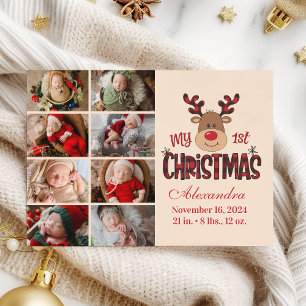 Plaid Reindeer Baby First Christmas 8 Photo Holiday Card