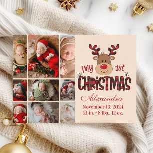 Plaid Reindeer Baby First Christmas 9 Photo Holiday Card