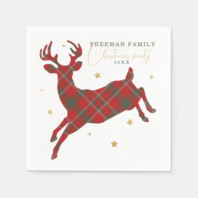 Plaid Reindeer Christmas Party Paper Napkins, Napkin (Front)