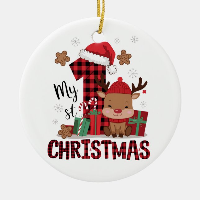 Plaid Reindeer “My 1st Christmas”  Ceramic Tree Decoration (Front)