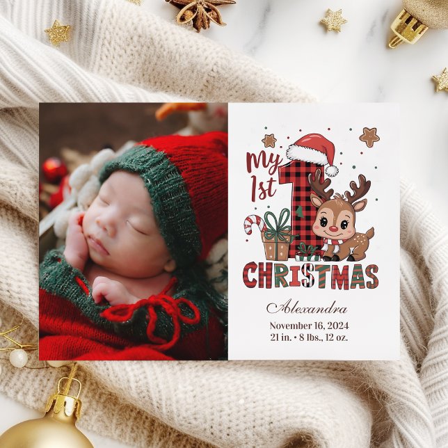 Plaid Reindeer Photo  First Christmas Holiday Card (Creator Uploaded)