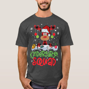 Plaid Reindeer Santa Hat Kindergarten Squad Teache T-Shirt