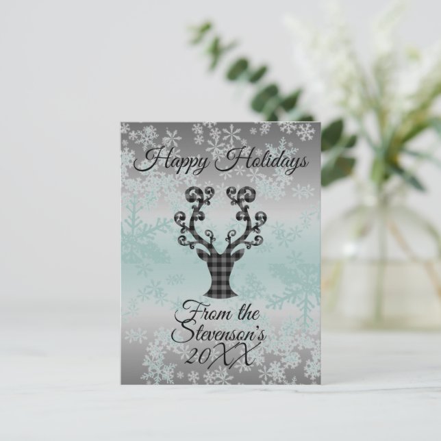 Plaid Reindeer Snowflakes Christmas Personalised  Holiday Postcard (Standing Front)
