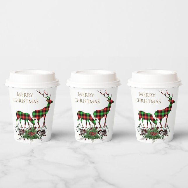 Plaid Reindeers Merry Christmas & Greenery Paper Cups (Multi)