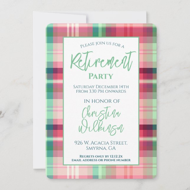 Plaid Retirement Party Pink Green Tartan Invitation (Front)