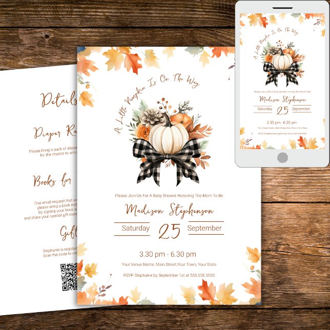 Plaid Ribbon Little Pumpkin on The Way QR Code  Invitation (Creator Uploaded)