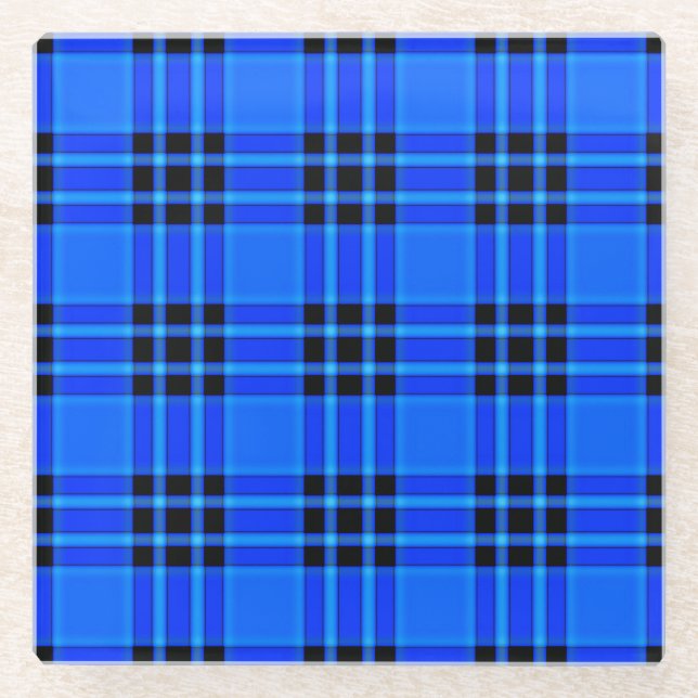 Plaid Royal Blue Black Checks Pattern-57686 Glass Coaster (Front)