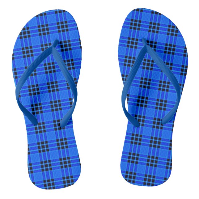 Plaid Royal Blue Black Checks Pattern Flip Flops (Footbed)