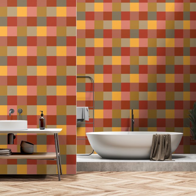 Plaid Rust Brown Yellow Orange Wallpaper (Bathroom)