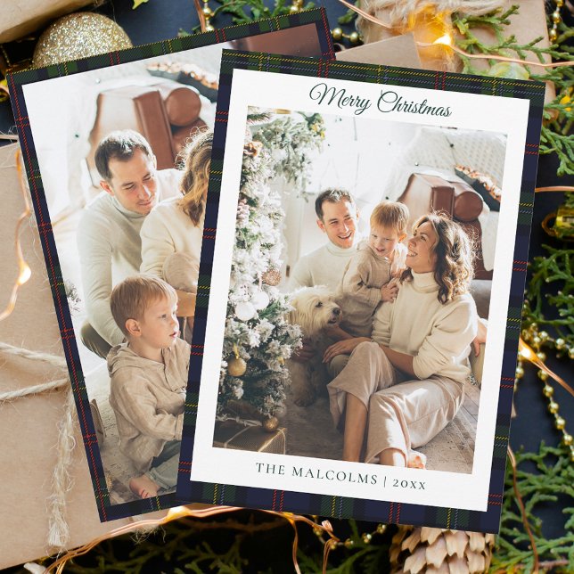 Plaid Rustic 2 Photos Tartan Family Christmas Holiday Card (Rustic Plaid Family Photos Script Tartan Christmas Greetings Card)