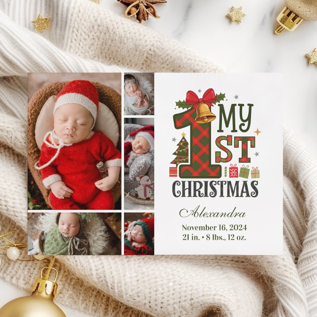  Plaid Rustic 5 Photo  First Christmas Holiday Card (Creator Uploaded)