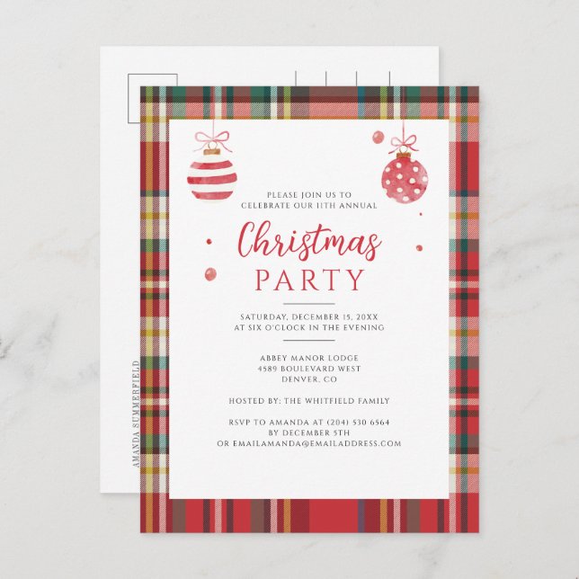 Plaid Rustic Annual Corporate Christmas Party Invitation Postcard (Front/Back)
