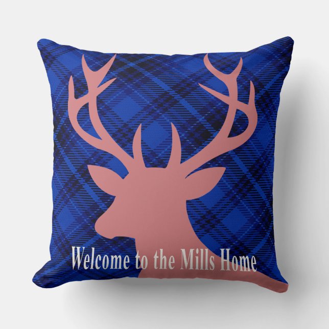 Plaid Rustic Deer Head Silhouette | mauve blue Cushion (Front)
