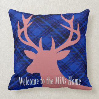 Plaid Rustic Deer Head Silhouette | mauve blue Cushion