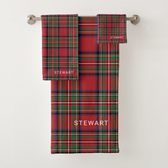 Plaid Rustic Red and Green Stewart Tartan Bath Towel Set (Insitu)