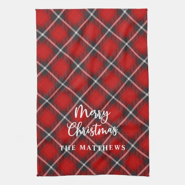 Plaid Rustic Red Black Merry Christmas Tea Towel (Vertical)