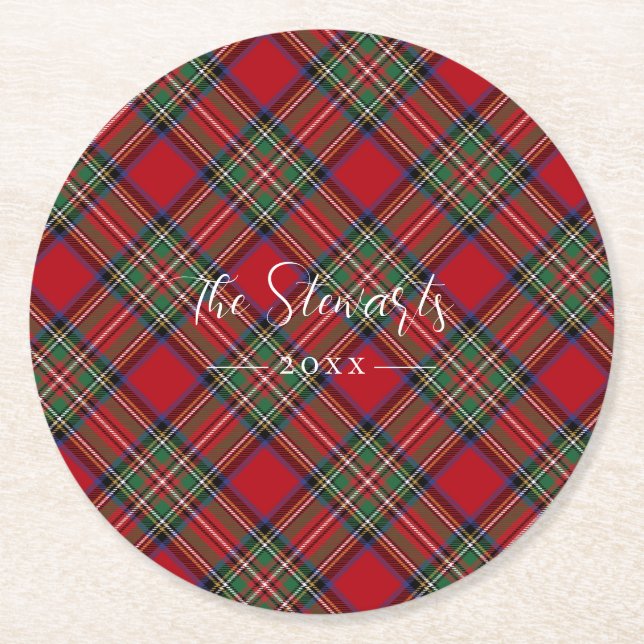 Plaid Rustic Red Green Farmhouse Tartan Round Paper Coaster (Front)