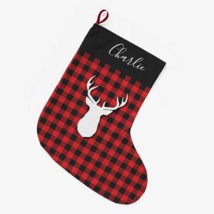Plaid Rustic Script Christmas Deer Antlers Large Christmas Stocking