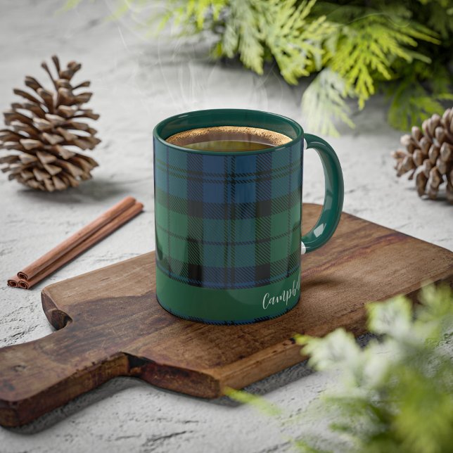 Plaid Rustic Script Clan Campbell Tartan Custom Mug (Rustic Elegant Plaid Campbell Tartan 11oz Coffee Mug)