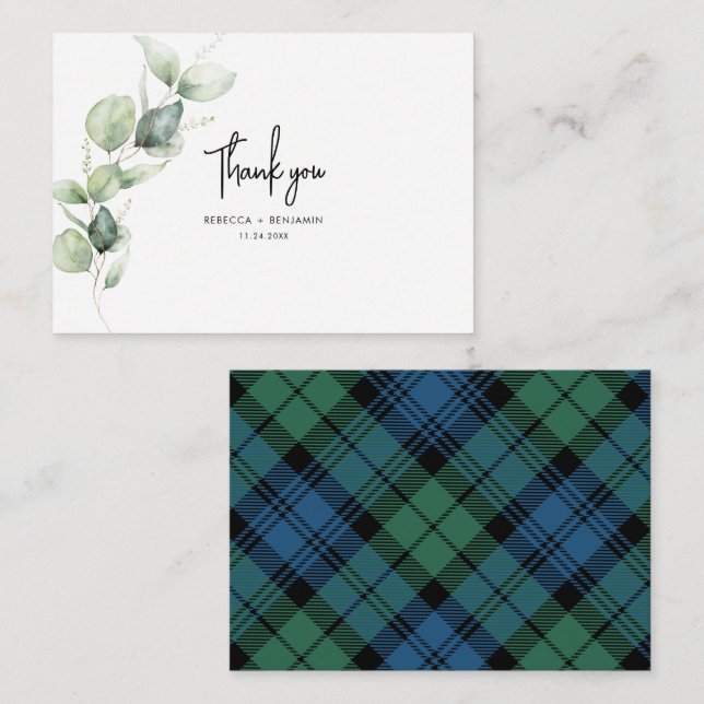 Plaid Rustic Wedding Tartan Eucalyptus Thank You Card (Front/Back)