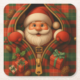 Plaid Santa Claus Christmas Design Square Paper Coaster