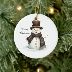 Plaid Scarf Snowman Christmas Ceramic Tree Decoration