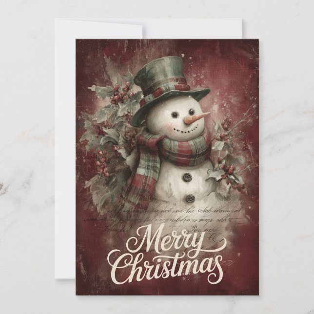 Plaid Scarf Snowman & Holly Glow Holiday Card (Front)