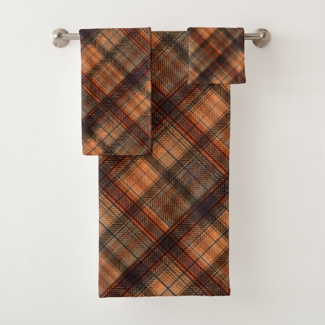 Plaid Scottish tartan brown orange black classic Bath Towel Set (Insitu)