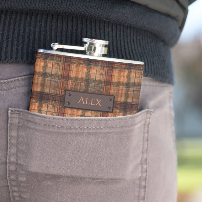 Plaid Scottish tartan brown orange black classic Hip Flask (In Situ)