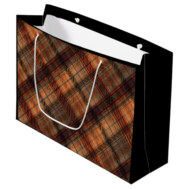 Plaid Scottish tartan brown orange black classic Large Gift Bag (Front Angled)