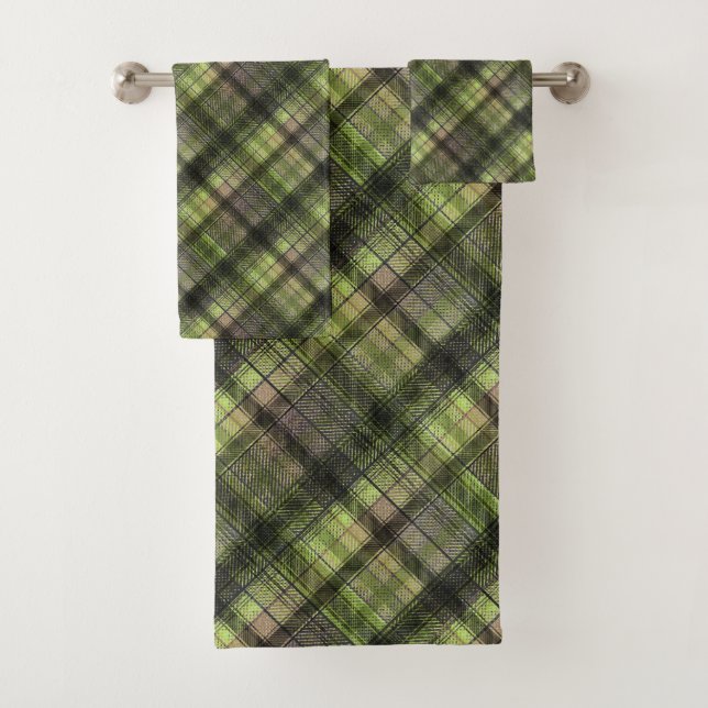 Plaid Scottish tartan green black classic Bath Towel Set (Insitu)