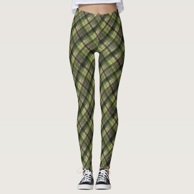 Plaid Scottish tartan green black classic Leggings (Front)