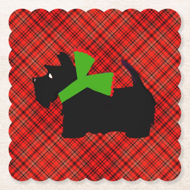 Plaid Scotty Dog Merry Christmas Gift Ideas Paper Coaster (Front)