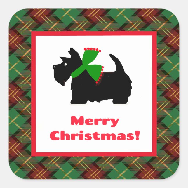 Plaid Scotty Dog Merry Christmas Gift Ideas Square Sticker (Front)