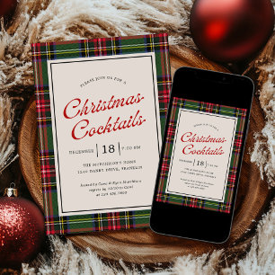 Plaid Script Christmas Cocktails Holiday Party Invitation
