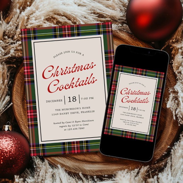 Plaid Script Christmas Cocktails Holiday Party Invitation (Creator Uploaded)