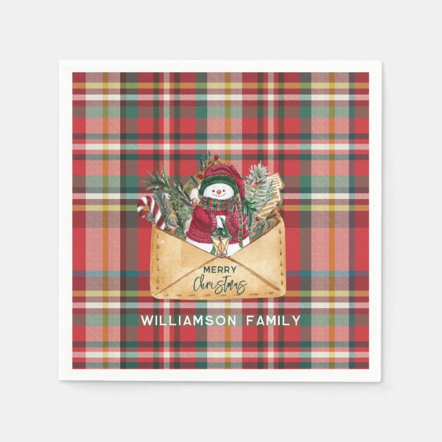Plaid Script Christmas Custom Family Rustic Paper Napkin (Front)