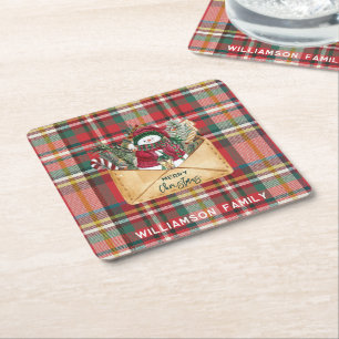 Plaid Script Christmas Custom Family Rustic Paper Square Paper Coaster