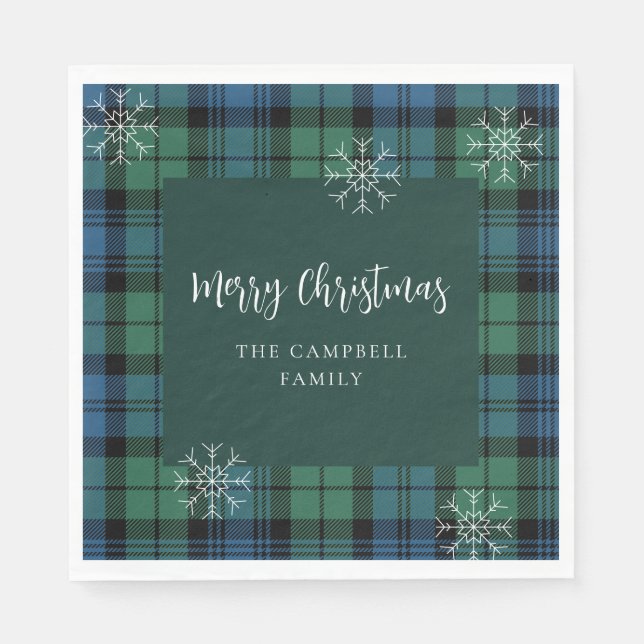 Plaid Script Green Blue Campbell Tartan Paper Napkin (Front)