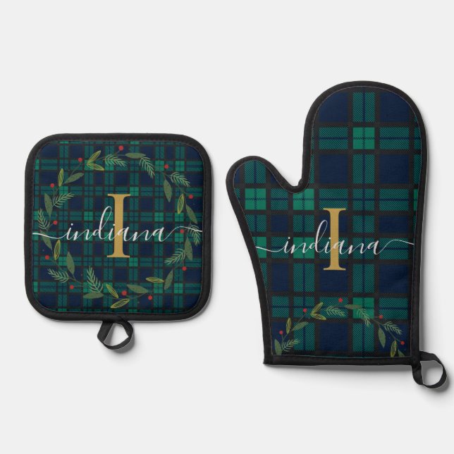 Plaid Script Monogram Botanical Wreath Tartan Oven Mitt & Pot Holder Set (Front)