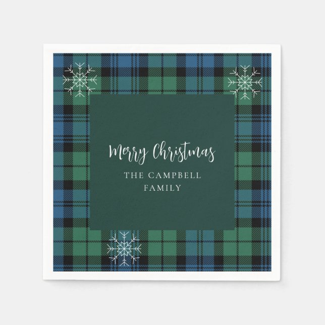 Plaid Script Snowflakes Campbell Tartan Paper Napkin (Front)