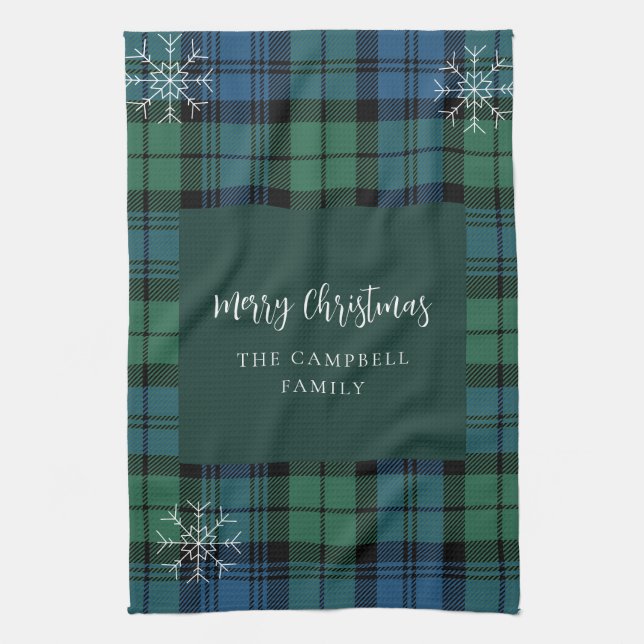 Plaid Script Snowflakes Rustic Campbell Tartan Tea Towel (Vertical)