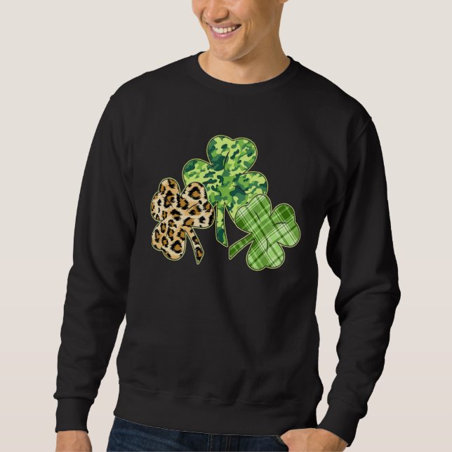 Plaid Shamrock Leopard Camouflage Funny St Patrick Sweatshirt (Front)