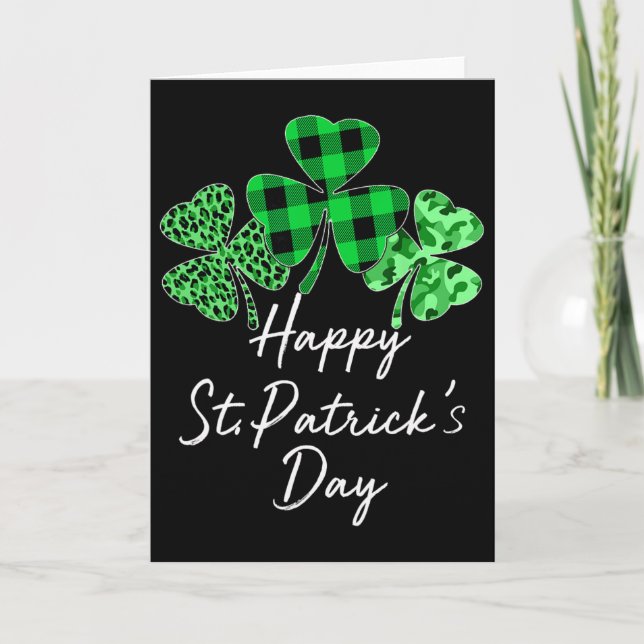 Plaid Shamrock Leopard Camouflage Happy St Patrick Card (Front)