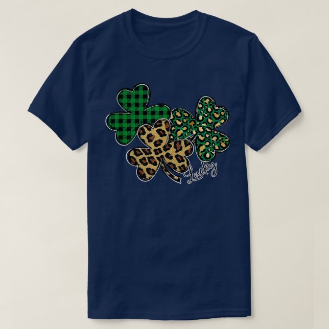 Plaid Shamrock Leopard Cheetah Lucky St Patricks D T-Shirt (Design Front)