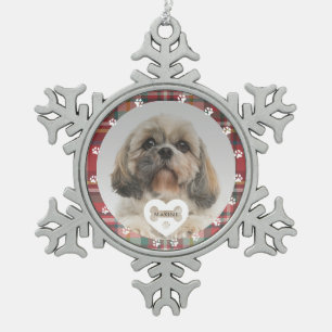 Plaid Shih Tzu Dog Pet Photo Christmas Holiday Snowflake Pewter Christmas Ornament