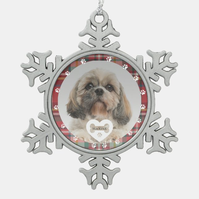 Plaid Shih Tzu Dog Pet Photo Christmas Holiday Snowflake Pewter Christmas Ornament (Front)