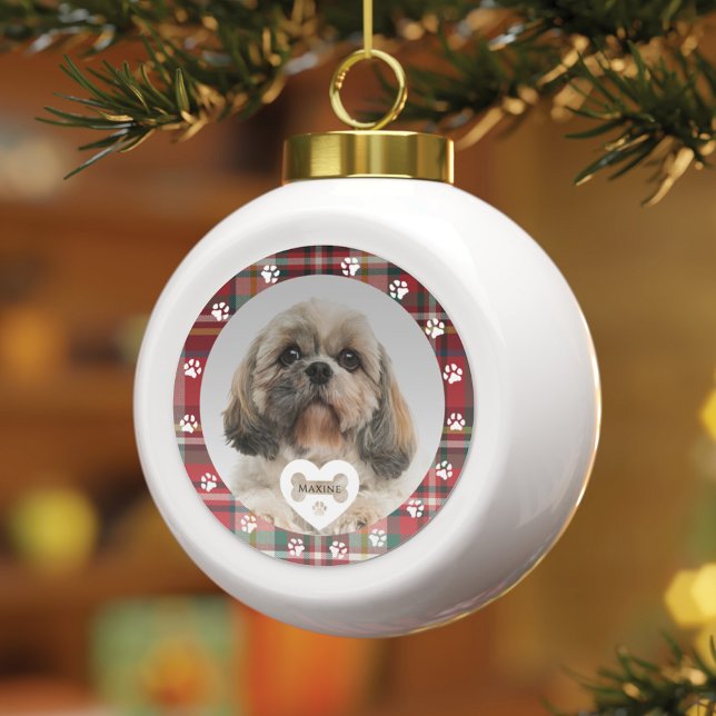 Plaid Shih Tzu Pet Photo Dad Mum Christmas Holiday Ceramic Ball Christmas Ornament (Pet Dog Plaid Paw Prints Christmas Holiday Ornament)