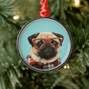 Plaid Shirt Pug Metal Tree Decoration